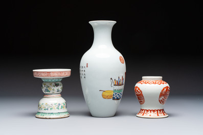 A Chinese polychrome 'Erotic' vase, an iron-red 'Phoenix' jar and a famille verte 'Dragon' stand,  Chun Yi Tang Zhi 春怡堂制 and Tongzhi mark, 19/20th C.