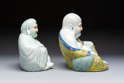 A Chinese famille rose Milefo Buddha and a white-glazed gilt-decorated Milefo Buddha, Wei Hongtai 魏洪泰 and Zhu Yishun 朱義順 mark, Republic