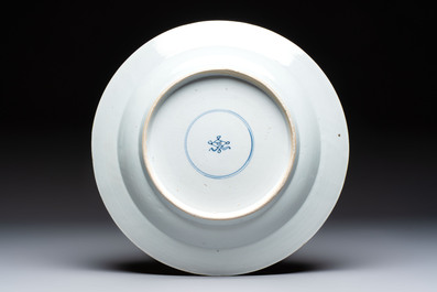 A Chinese famille verte 'Pavilions and Lotus Pond' dish, swastika mark, Kangxi