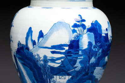 A Chinese blue and white 'Yenyen' vase with figures in a mountainous landscape, Kangxi