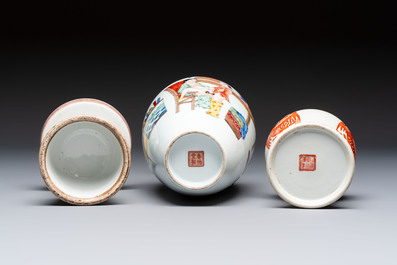 A Chinese polychrome 'Erotic' vase, an iron-red 'Phoenix' jar and a famille verte 'Dragon' stand,  Chun Yi Tang Zhi 春怡堂制 and Tongzhi mark, 19/20th C.