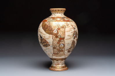 A Japanese Satsuma baluster vase with narrative design, Nippon Kyoto Kinkozan 日本京都錦光山 mark, Meiji, 19th C.