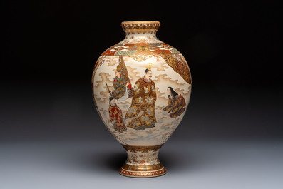 A Japanese Satsuma baluster vase with narrative design, Nippon Kyoto Kinkozan 日本京都錦光山 mark, Meiji, 19th C.