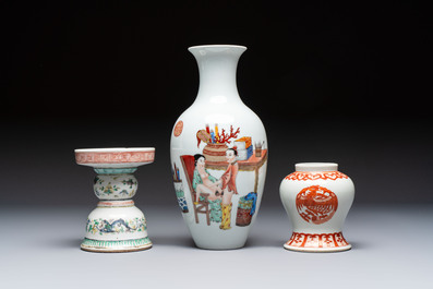 A Chinese polychrome 'Erotic' vase, an iron-red 'Phoenix' jar and a famille verte 'Dragon' stand,  Chun Yi Tang Zhi 春怡堂制 and Tongzhi mark, 19/20th C.