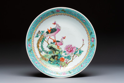 A Chinese famille rose bottle vase and a dish, Qianlong marks, Republic