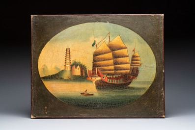Canton school: two paintings depicting Chinese junks at sea, oil on canvas, 19th C.