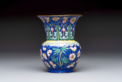 A Chinese Canton enamel 'Prunus on Cracked Ice' spittoon and two snuff dishes, 19th C.