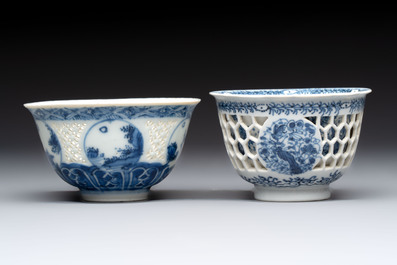 A Chinese blue and white reticulated double-walled cup and a pierced 'Hatcher Cargo' type bowl, Transitional/Kangxi