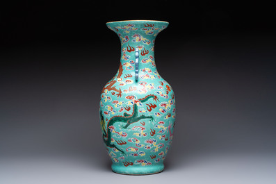 A Chinese famille rose turquoise-ground 'Dragon' vase, 19th C.