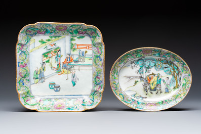 Two Chinese Canton famille verte serving dishes, a square bowl and stand with figural design, 19th C.