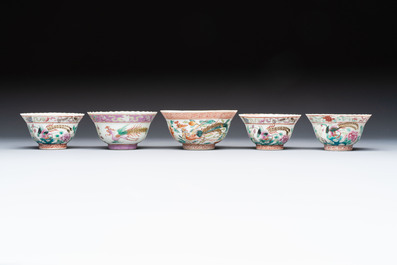 Five Chinese famille rose 'Phoenix and Peony' cups and three saucers for the Peranakan market, Qianlong, Guangxu and Zhou Shunxing 周順興 marks, Republic