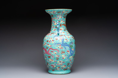 A Chinese famille rose turquoise-ground 'Dragon' vase, 19th C.