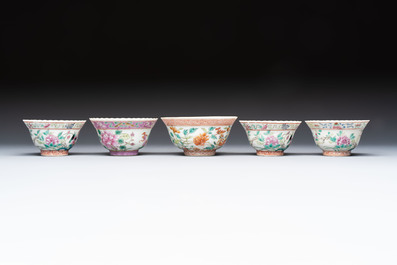 Five Chinese famille rose 'Phoenix and Peony' cups and three saucers for the Peranakan market, Qianlong, Guangxu and Zhou Shunxing 周順興 marks, Republic