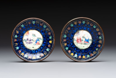 A Chinese Canton enamel 'Prunus on Cracked Ice' spittoon and two snuff dishes, 19th C.