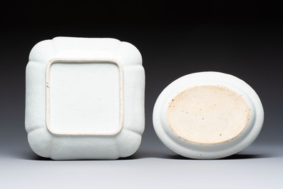 Two Chinese Canton famille verte serving dishes, a square bowl and stand with figural design, 19th C.