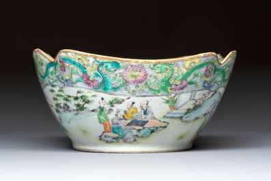 Two Chinese Canton famille verte serving dishes, a square bowl and stand with figural design, 19th C.