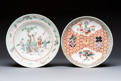 A Chinese qianjiang cai dish and a plate, two famille rose plates and a saucer, Chenghua, Yongzheng and Guangxu marks, 19th C.