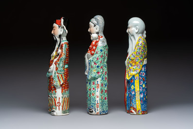 Three Chinese famille rose 'Three Star Gods' figures, Mao Jisheng 茂記生 and Ding Yisheng 丁義盛 marks, Republic