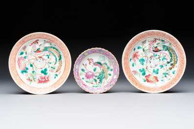 Five Chinese famille rose 'Phoenix and Peony' cups and three saucers for the Peranakan market, Qianlong, Guangxu and Zhou Shunxing 周順興 marks, Republic