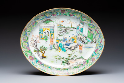 Two Chinese Canton famille verte serving dishes, a square bowl and stand with figural design, 19th C.