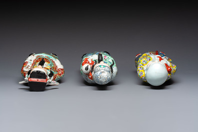 Three Chinese famille rose 'Three Star Gods' figures, Mao Jisheng 茂記生 and Ding Yisheng 丁義盛 marks, Republic