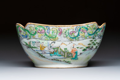 Two Chinese Canton famille verte serving dishes, a square bowl and stand with figural design, 19th C.