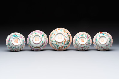 Five Chinese famille rose 'Phoenix and Peony' cups and three saucers for the Peranakan market, Qianlong, Guangxu and Zhou Shunxing 周順興 marks, Republic