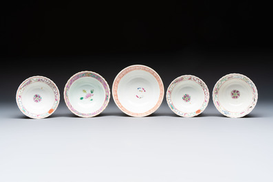 Five Chinese famille rose 'Phoenix and Peony' cups and three saucers for the Peranakan market, Qianlong, Guangxu and Zhou Shunxing 周順興 marks, Republic