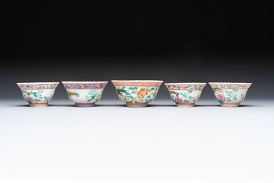 Five Chinese famille rose 'Phoenix and Peony' cups and three saucers for the Peranakan market, Qianlong, Guangxu and Zhou Shunxing 周順興 marks, Republic