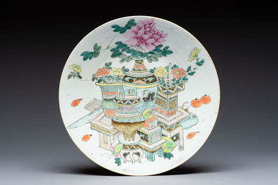 A Chinese qianjiang cai dish and a plate, two famille rose plates and a saucer, Chenghua, Yongzheng and Guangxu marks, 19th C.