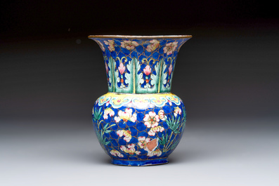 A Chinese Canton enamel 'Prunus on Cracked Ice' spittoon and two snuff dishes, 19th C.