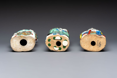 Three Chinese famille rose 'Three Star Gods' figures, Mao Jisheng 茂記生 and Ding Yisheng 丁義盛 marks, Republic