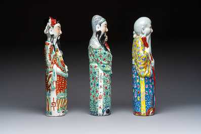 Three Chinese famille rose 'Three Star Gods' figures, Mao Jisheng 茂記生 and Ding Yisheng 丁義盛 marks, Republic