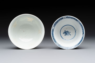 A Chinese blue and white reticulated double-walled cup and a pierced 'Hatcher Cargo' type bowl, Transitional/Kangxi