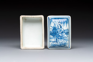 A fine Chinese blue and white rectangular seal paste box and cover, Ming
