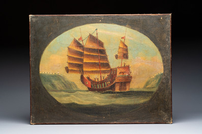 Canton school: two paintings depicting Chinese junks at sea, oil on canvas, 19th C.