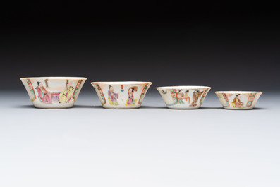A set of seven Chinese famille rose nesting bowls with narrative design, Daoguang