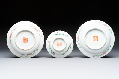 Five Chinese famille rose 'Phoenix and Peony' cups and three saucers for the Peranakan market, Qianlong, Guangxu and Zhou Shunxing 周順興 marks, Republic