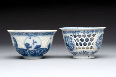 A Chinese blue and white reticulated double-walled cup and a pierced 'Hatcher Cargo' type bowl, Transitional/Kangxi