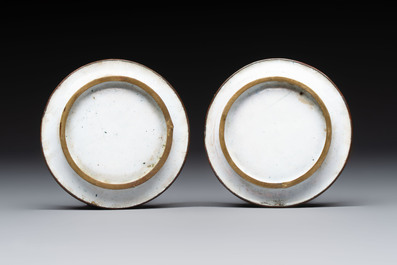 A Chinese Canton enamel 'Prunus on Cracked Ice' spittoon and two snuff dishes, 19th C.