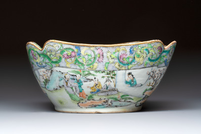 Two Chinese Canton famille verte serving dishes, a square bowl and stand with figural design, 19th C.