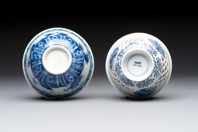 A Chinese blue and white reticulated double-walled cup and a pierced 'Hatcher Cargo' type bowl, Transitional/Kangxi
