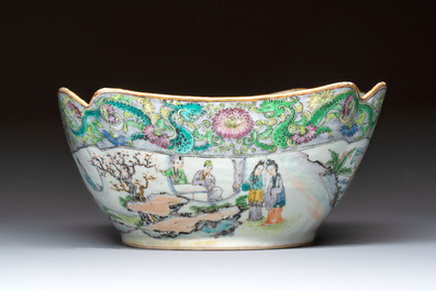 Two Chinese Canton famille verte serving dishes, a square bowl and stand with figural design, 19th C.