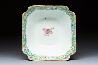 Two Chinese Canton famille verte serving dishes, a square bowl and stand with figural design, 19th C.