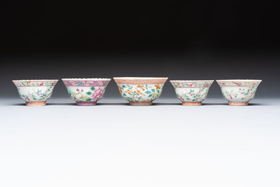 Five Chinese famille rose 'Phoenix and Peony' cups and three saucers for the Peranakan market, Qianlong, Guangxu and Zhou Shunxing 周順興 marks, Republic