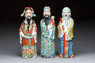 Three Chinese famille rose 'Three Star Gods' figures, Mao Jisheng 茂記生 and Ding Yisheng 丁義盛 marks, Republic