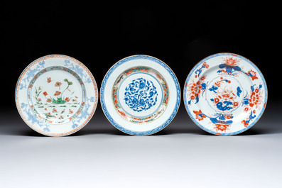 Eight Chinese blue and white, famille verte and Imari-style plates, Kangxi