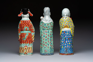 Three Chinese famille rose 'Three Star Gods' figures, Mao Jisheng 茂記生 and Ding Yisheng 丁義盛 marks, Republic