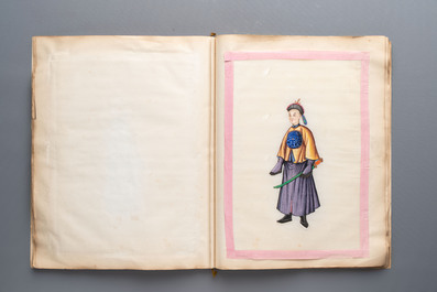 Two albums containing 12 and 13 Chinese Canton rice paper paintings, 19th C.