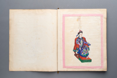 Two albums containing 12 and 13 Chinese Canton rice paper paintings, 19th C.